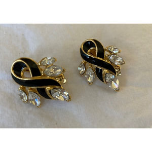 Trifari Alfred Phillipe Black Enamel & Rhinestone Marquise Clip Earrings